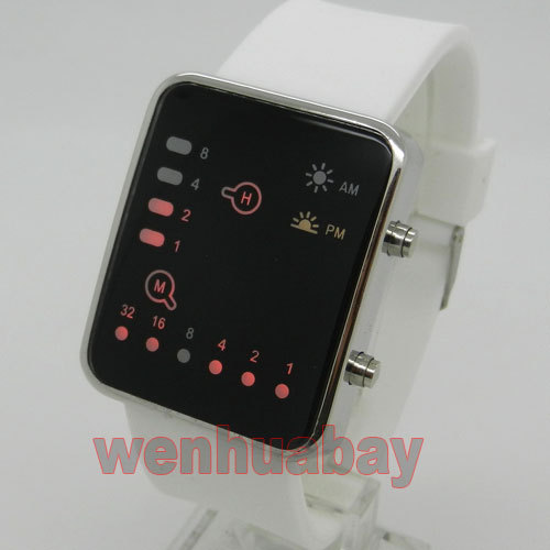 Red/Blue LED Binary Black/White Leather/Silicone Band Watch 889 Boy Girl Men - Picture 2 of 34