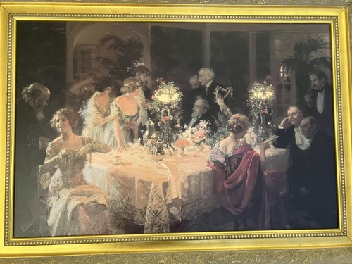 “The End Of Dinner” By Jules-Alexandre Grun 41”x29” With Gold Ornate Frame