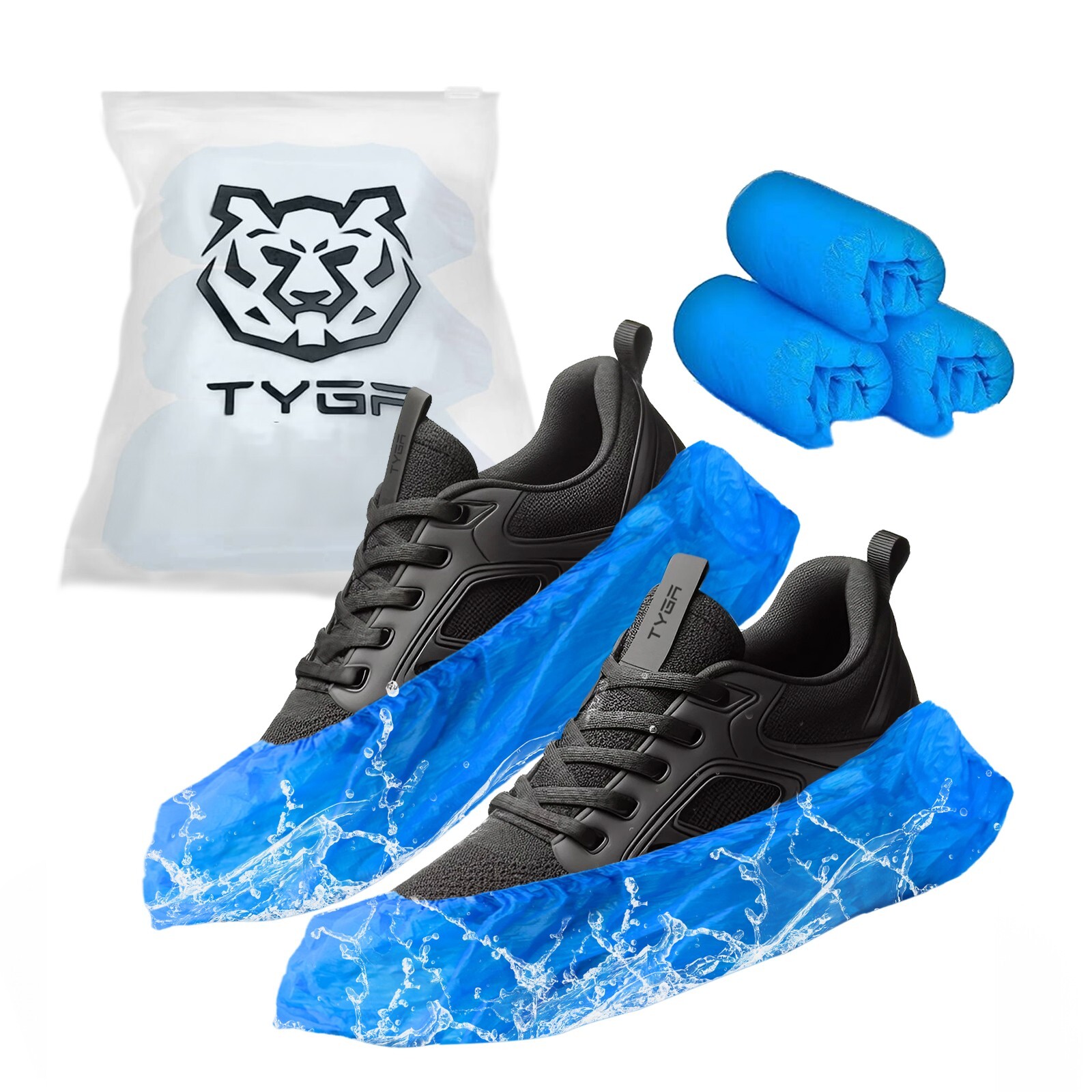 TYGA 30 x Blue Disposable Shoe Covers Overshoes, CPE, Anti Slip, Universal Fit