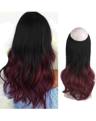  Feshfen Hair Extensions, Ombre Black Burgundy Halo Style 18in Hidden Crown