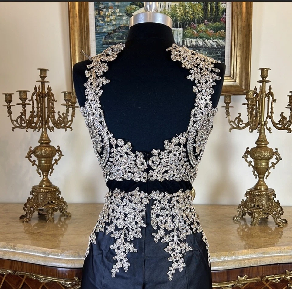 OCASIÓN ESPECIAL Formal Dorado Bordado Cuentas Largo Vestido de Noche Vestido de Baile de graduación Foto 4 de 4