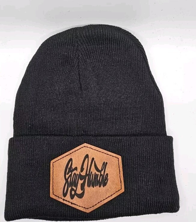 Black Beanie with Brown Leather Patch - Stay Humble - Adult Size-image