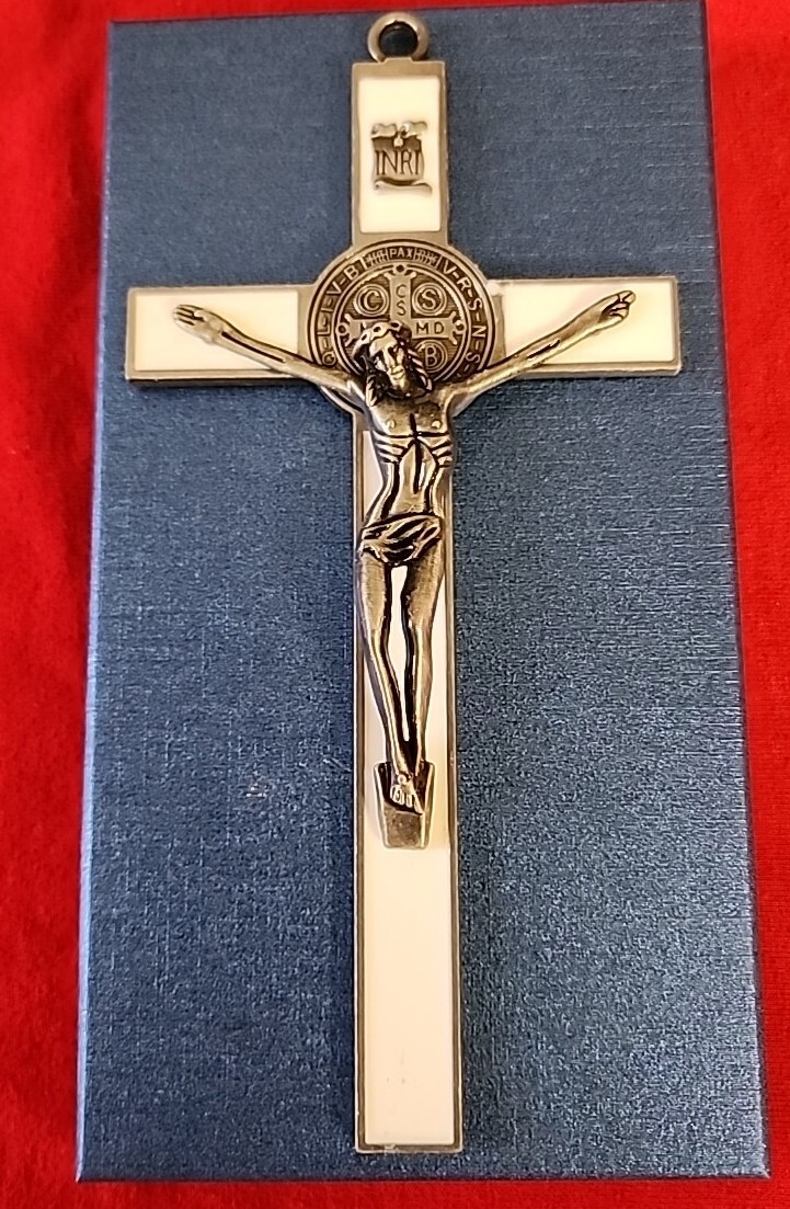 WHITE  Enamel metal  Wall Cross Saint Benedict  Crucifix 7×3.5 " new In Box 