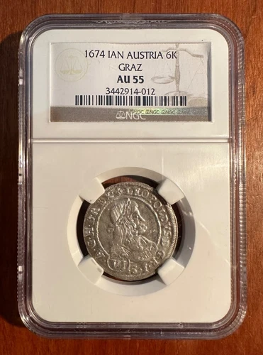 AUSTRIA GRAZ LEOPOLD I  1674-IAN  6 KREUZER SILVER COIN, NGC CERTIFIED AU55