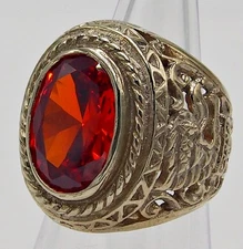 MEN RING RED ORANGE SAPPHIRE BRONZE SILVER SOLITAIRE STONE GARUDA BIKER SZ 9.75