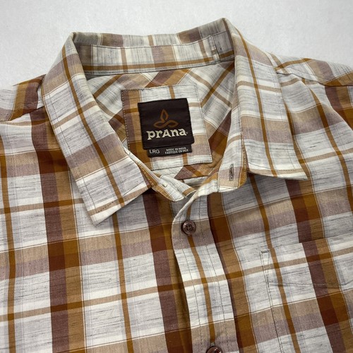 Prana Mens Large L Plaid Button Down Collared Shirt Short Sleeve Orange Organic - Picture 2 of 11