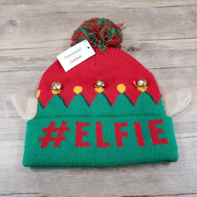 Christmas Elf Knit Cap Beanie Hat #Elfie Bells Ears Pom Red Green Francescas