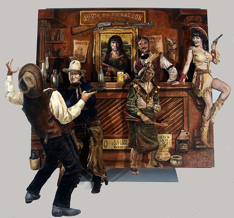 How the West Was Won. Hand-painted 3D assemblage. John Wayne, Stallone, Annie O.