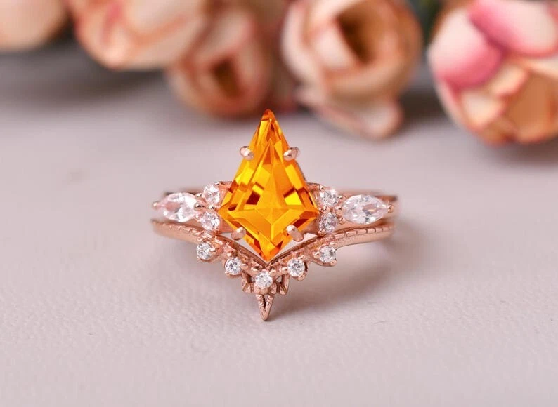 Juego de anillos de boda vintage nupciales citrino natural corte cometa plata chapado en oro rosa Foto 4 de 4