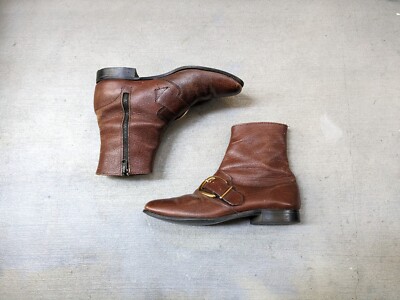 Vintage Side Zip Boots Brown Men 8.5 D Leather Shoes Dress Shoes