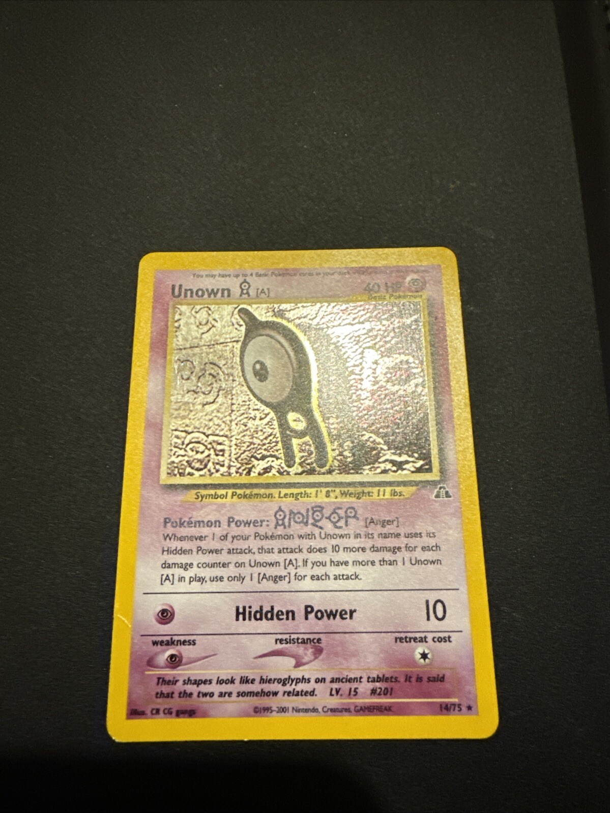 Unown [A] 14/75 Unlimited Holographic Rare Neo Discovery Pokémon TCG 2001 NM