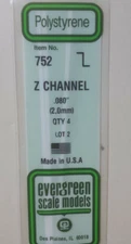 Styrene 'Z' Channel .080" Pack of 4 - 14" Long Evergreen Scale Model Plastic 752