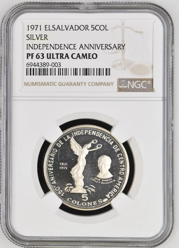 El Salvador 5 Colones 1971 NGC PF 63 ULTRA CAMEO KM-142 Silver Independence