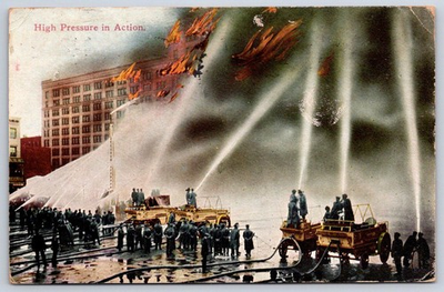 #ad High pressure fire action building on fire firemen trucks 1911 $8.99