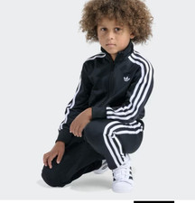 adidas Boys Black White Striped Tracksuit Jacket Pants Set Size 4 Polyester