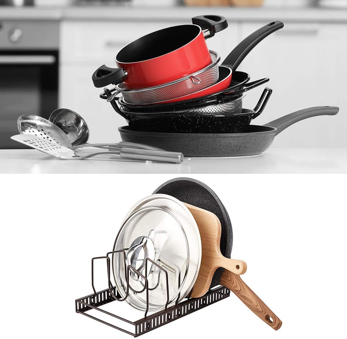 Pot Lids Organizer Rack for Cabinet and Countertop 7+ Pan Lids and Bakeware Org