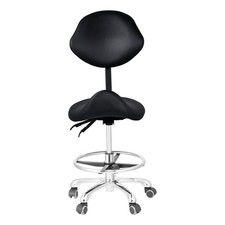Adjustable Saddle Stool with Wheels and Backrest, Leather, Black
