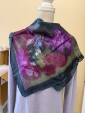 Vintage Silk Scarf 26 Inch Square Water Color Green Violet Teal