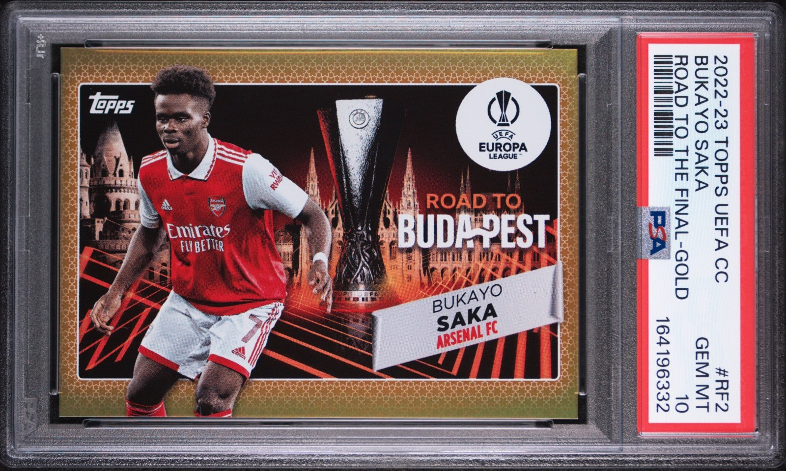 Bukayo Saka Gold /50 PSA 10 2022 Topps UEFA UCC Road to Budapest POP2 Arsenal SP view 1