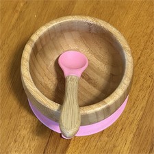 Bamboo and Silicone Baby Bowl with Pink Suction Base, Brown Spoon, Feeding Set