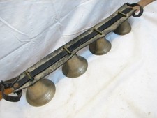 Early Brass Horse Hames Shaft Bell Set Sleigh Buggy Equestrian Leather Bronze B