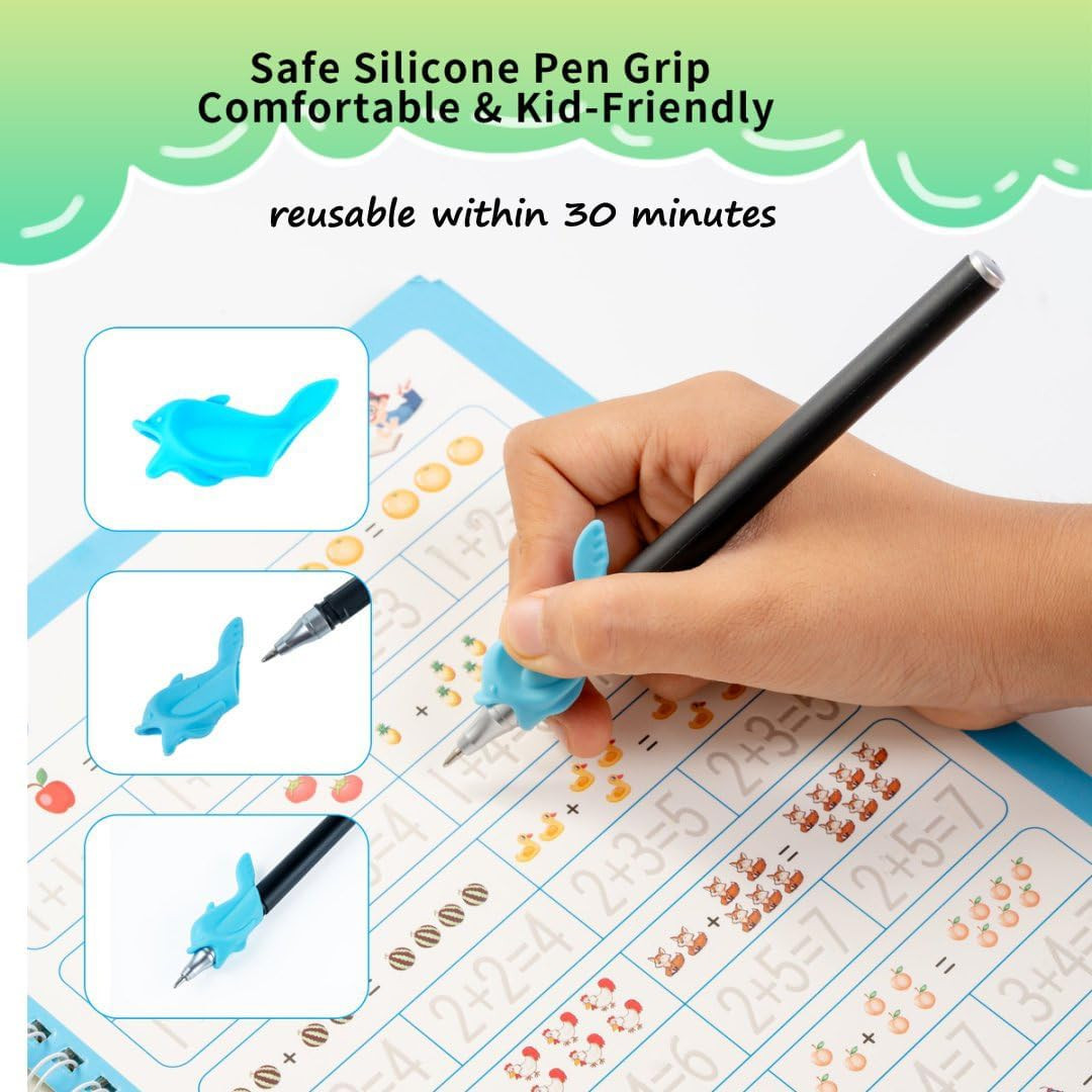 Magic Grooved Writing Practice Books Kids Disappearing Ink Pens Grips Reusable