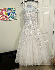White Illusion Neck Cap Sleeve Lace Beaded A-Line Full-Length Tulle Dress