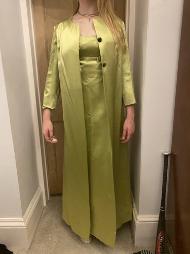 Regency Style Green Satin Dress & Long Coat Theatrical Costume Dance Play uk8-10 - Picture 7 of 14