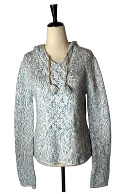By Next Era Sweater Women Medium Blue White Cable Knit Hooded Pullover Tassel