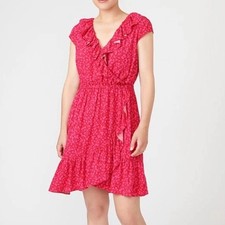 J. Crew Floral Faux Wrap V Neck Ruffle Short Sleeve Red/Pink Dress Size 8