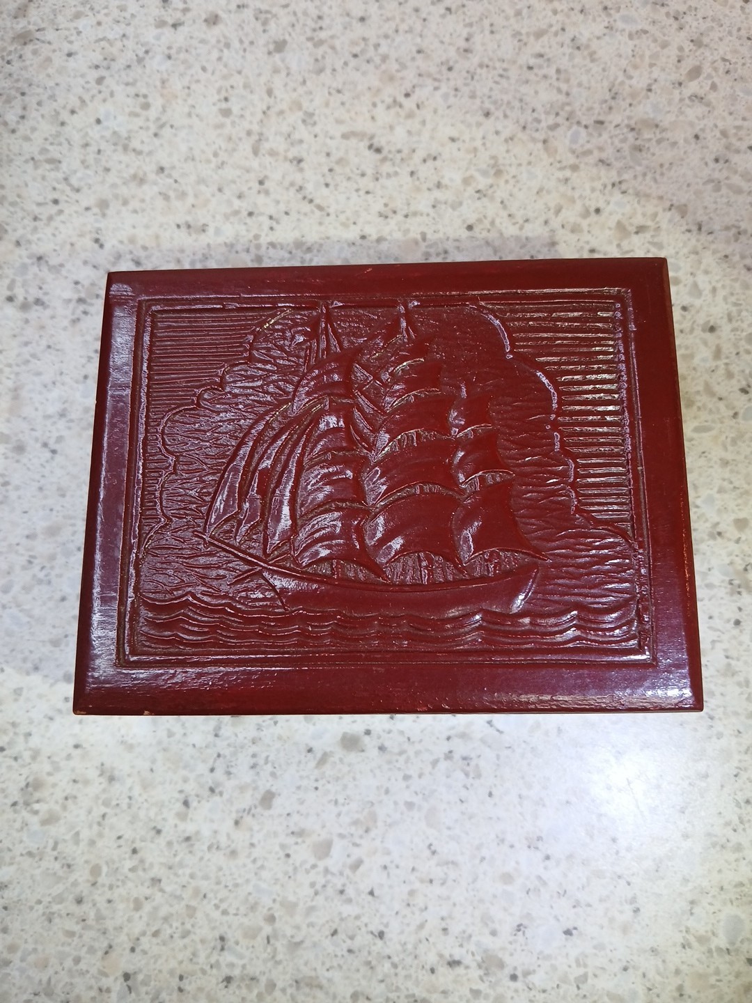 Vintage Hand-Carved Wooden Box – Tall Ship Nautical Scene – Folk Art Jewelry