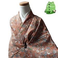 Kaerutei Kimono Ka25 Synthetic Fiber Floral Orange Used Japan