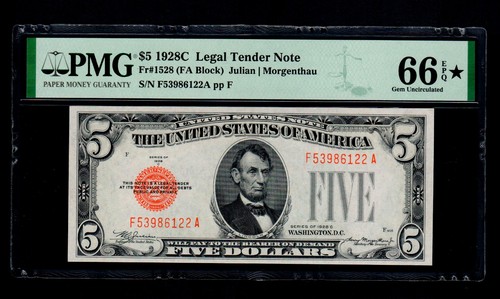 Very rare 1928-C $5 Legal Tender Note Fr#1528 PMG GEM UNC (66 EPQ BLACK STAR)
