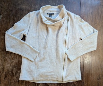 INC Waffle Knit Sweater Beige Wool Blend Assymetric Zip Cowl Neck Women's L