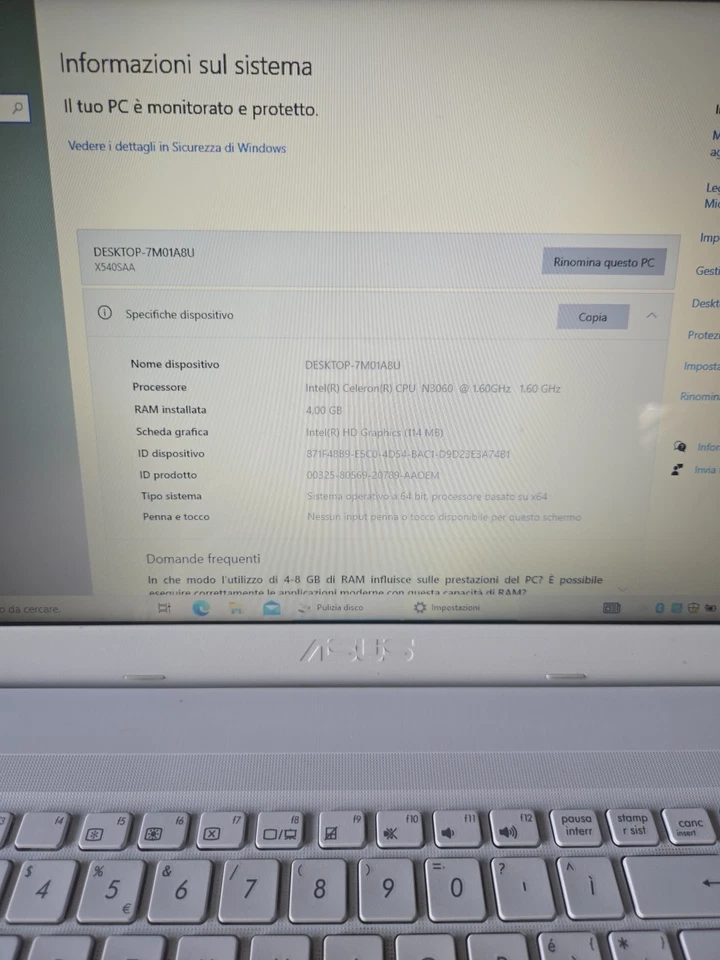 Notebook Asus F540S Win10 Disco SSD120gb RAM 4gb Bianco DVD-R perfetto - Immagine 2 di 4