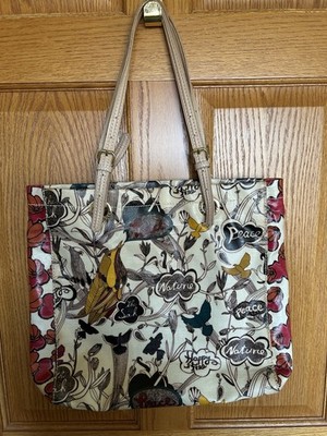 SAKROOTS Tote Shoulder Bag Biege Floral Peace Nature Birds Coated Canvas