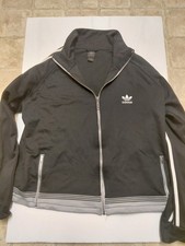 Adidas Originals Men's XL Track Jacket Black Grey Striped Ribbed Hem Full Zip