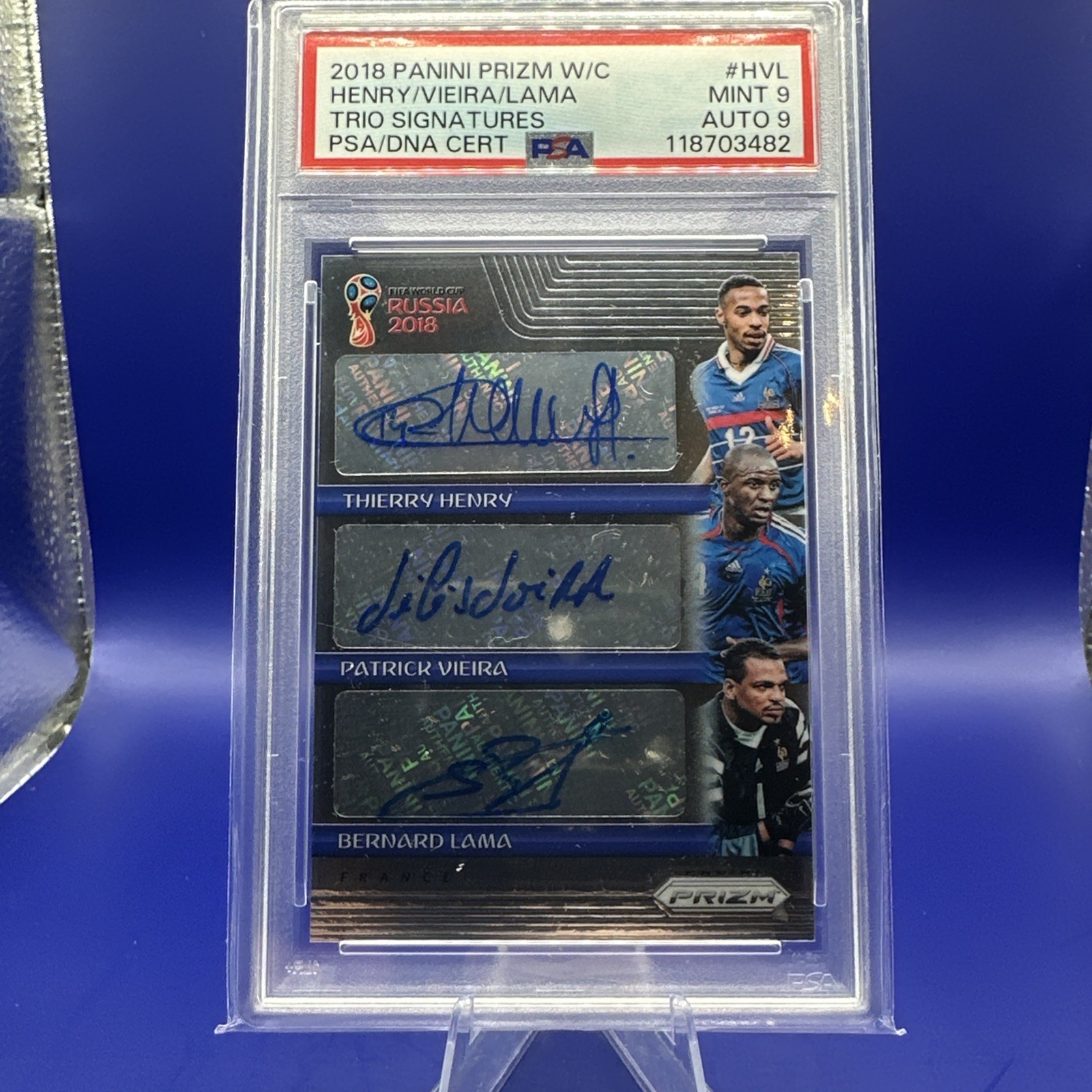 2018 Prizm WC Trio AUTO # HVL Thierry Henry Vieira Lama PSA 9/9 SSP #1/30 France view 9
