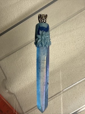 Aura Blue Crystal Point Pendant Floral Detail 3 Inch Statement Pendant Gift Box