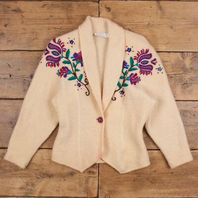 Vintage S.S.G. Gobelin Jacke S 80er Filz Applikation bestickt Boho Blumen