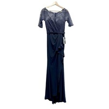 NWT JS Collections Women Navy Lace Gown Blouson Mesh Maxi Dress Size 4