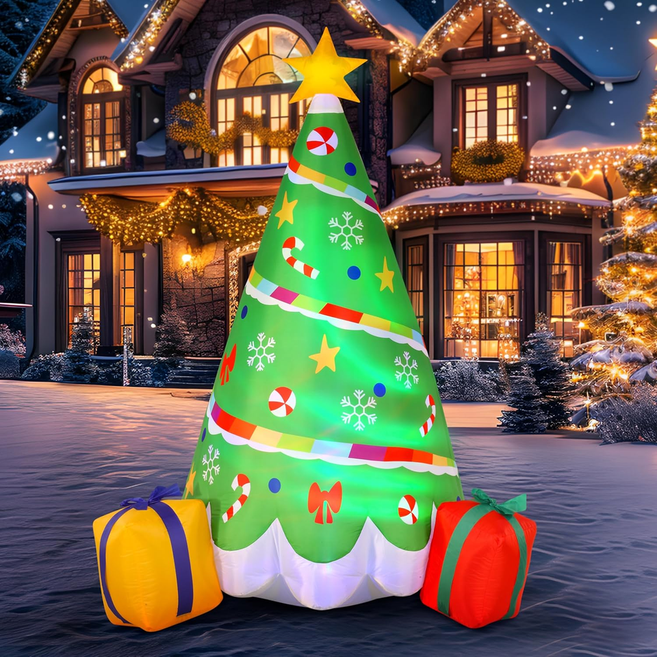 6 FT Tall Christmas Tree Inflatable, Rainbow Ribbon Christmas Tree