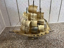 29.5 BY 26.3CM HIGH BUFFALO HORN 3 MAST SAILING SHIP WITH WIRE RIGGINGB ON STAND