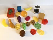 Vintage Lot Of Pretend Play Food Plastic Veggies, Chicken , Can , Fruit, Chips.