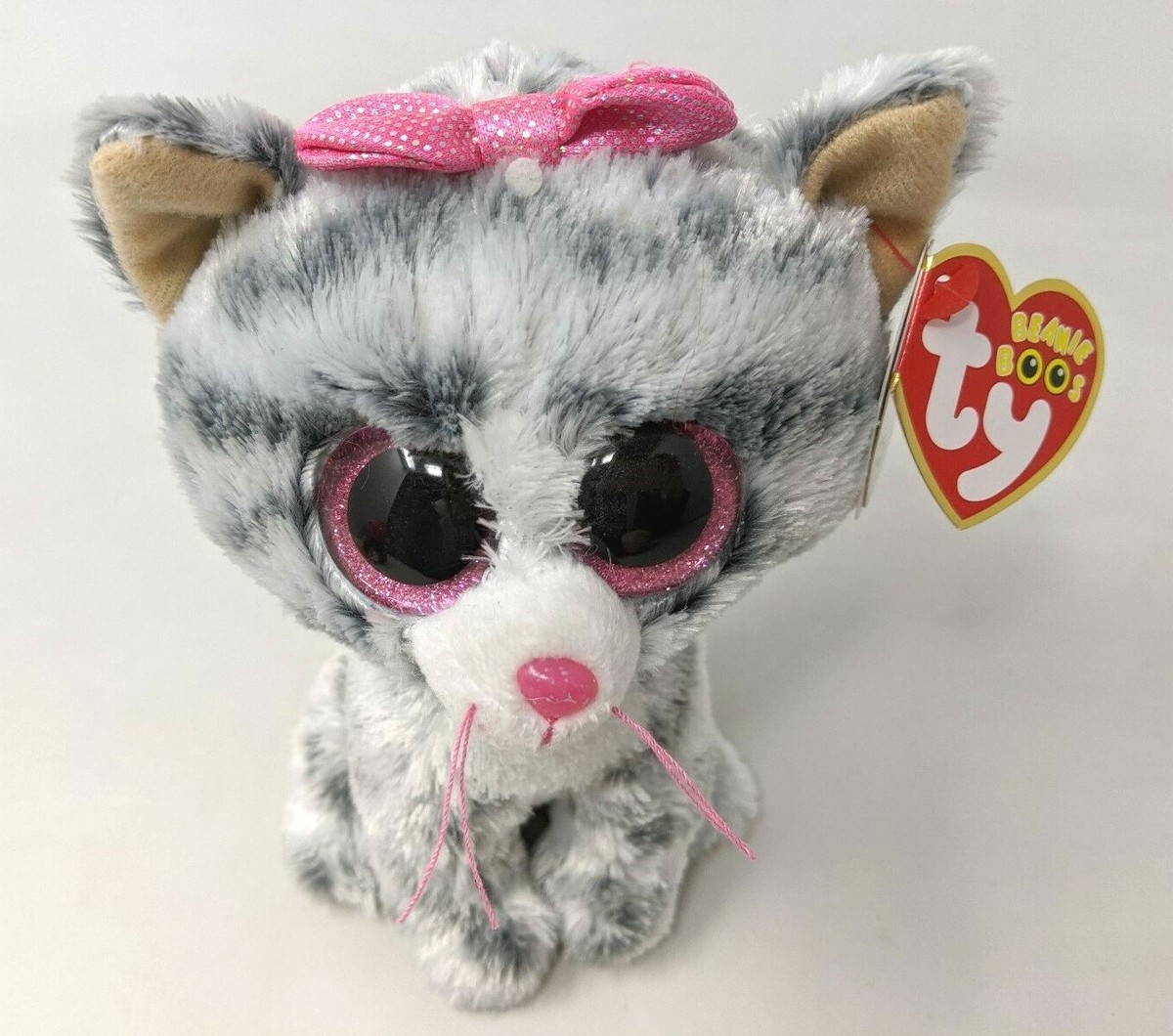 NWT TY Beanie Boo Kiki the Cat Gray Striped Tabby with Pink Eyes Bow 6