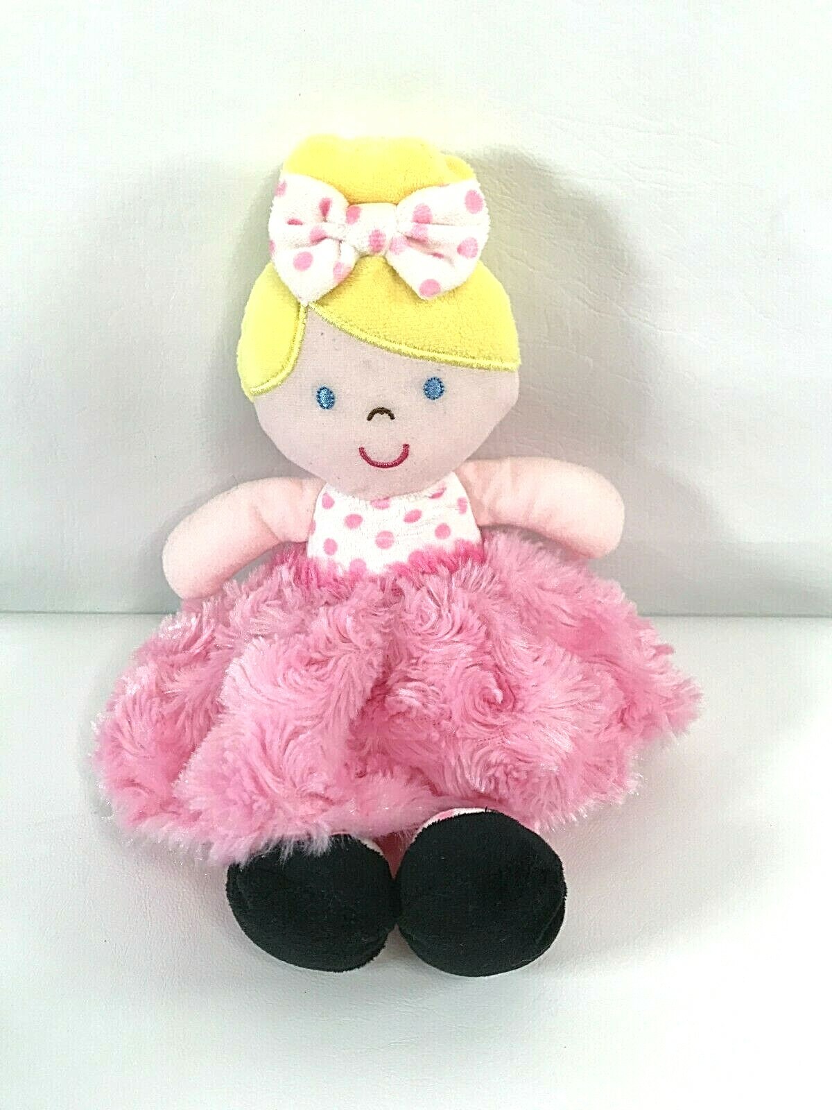 Okie Dokie Pink Baby Doll Rattle Polka Dot Minky Swirl Skirt Yellow Hair 10