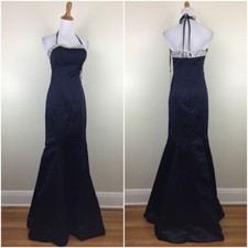 NWT AMELIA COUTURE Navy Sateen Rhinestone Halter Mermaid Gown Dress Womens sz 8