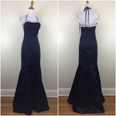 NWT AMELIA COUTURE Navy Sateen Rhinestone Halter Mermaid Gown Dress Womens sz 8