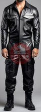 MEN'S GENUINE SOFT LEATHER CATSUIT FULL ZIPPER OVERALL BODYSUIT JUMPSUIT BLACK