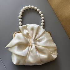 Clutch Satin Ivory Bow Evening Bag Pearl Strap With Sparkles